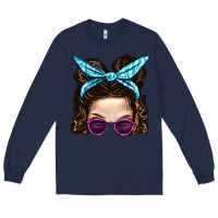 Navy Messy Bun Mom And Pink Leopard Sunglasses Long Sleeve Tee - BundleAndBundleShop