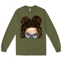 Army Green Messy Bun Mom And Glitter Glasses Long Sleeve Tee - BundleAndBundleShop
