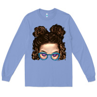 Colony Blue Messy Bun Mom And Glitter Glasses Long Sleeve Tee - BundleAndBundleShop