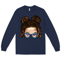 Navy Messy Bun Mom And Glitter Glasses Long Sleeve Tee - BundleAndBundleShop