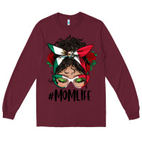 Burgundy Mexican Mom Life Messy Bun Mama Long Sleeve Tee - BundleAndBundleShop