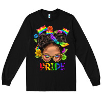 Black LGBTQ+ Messy Bun Mom Pride With Flower Long Sleeve Tee - BundleAndBundleShop