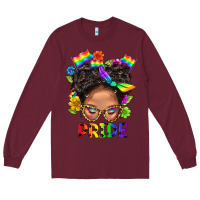 Burgundy LGBTQ+ Messy Bun Mom Pride With Flower Long Sleeve Tee - BundleAndBundleShop