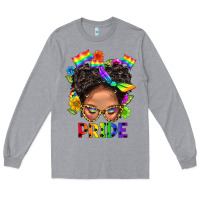 Heather Grey LGBTQ+ Messy Bun Mom Pride With Flower Long Sleeve Tee - BundleAndBundleShop