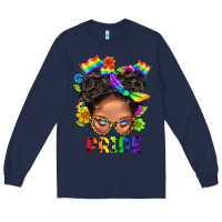 Navy LGBTQ+ Messy Bun Mom Pride With Flower Long Sleeve Tee - BundleAndBundleShop