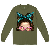 Army Green Messy Bun Mom With Leopard Bandana Long Sleeve Tee - BundleAndBundleShop