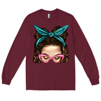 Burgundy Messy Bun Mom With Leopard Bandana Long Sleeve Tee - BundleAndBundleShop
