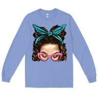 Colony Blue Messy Bun Mom With Leopard Bandana Long Sleeve Tee - BundleAndBundleShop