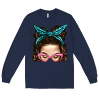 Navy Messy Bun Mom With Leopard Bandana Long Sleeve Tee - BundleAndBundleShop