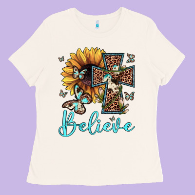 Believe Leopard Cross Sunflower Butterfly Ladies Tee Designed By Jahusdesignshop