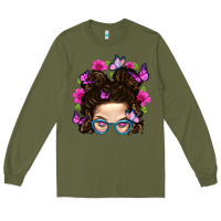 Army Green Messy Bun Mom With Butterfly Long Sleeve Tee - BundleAndBundleShop