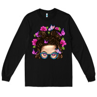 Black Messy Bun Mom With Butterfly Long Sleeve Tee - BundleAndBundleShop