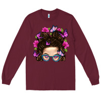 Burgundy Messy Bun Mom With Butterfly Long Sleeve Tee - BundleAndBundleShop