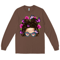 Chestnut Messy Bun Mom With Butterfly Long Sleeve Tee - BundleAndBundleShop