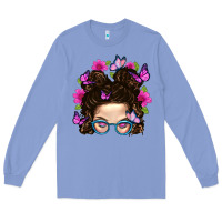 Colony Blue Messy Bun Mom With Butterfly Long Sleeve Tee - BundleAndBundleShop