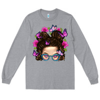 Heather Grey Messy Bun Mom With Butterfly Long Sleeve Tee - BundleAndBundleShop
