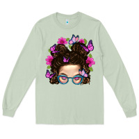 Matcha Messy Bun Mom With Butterfly Long Sleeve Tee - BundleAndBundleShop