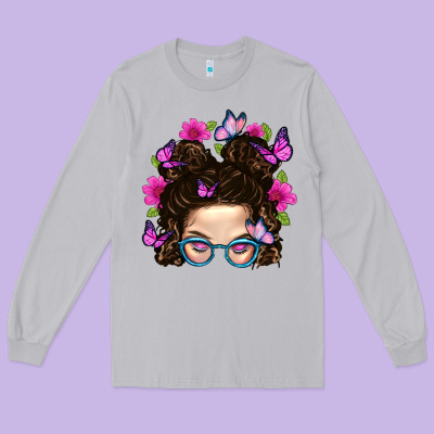 Messy Bun Mom With Butterfly Long Sleeve Tee Designed By Bundleandbundleshop