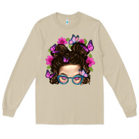 Mushroom Messy Bun Mom With Butterfly Long Sleeve Tee - BundleAndBundleShop