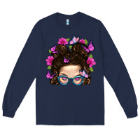 Navy Messy Bun Mom With Butterfly Long Sleeve Tee - BundleAndBundleShop