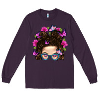Plum Messy Bun Mom With Butterfly Long Sleeve Tee - BundleAndBundleShop