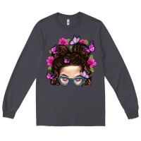 Smoke Messy Bun Mom With Butterfly Long Sleeve Tee - BundleAndBundleShop