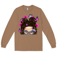 Toasted Coconut Messy Bun Mom With Butterfly Long Sleeve Tee - BundleAndBundleShop