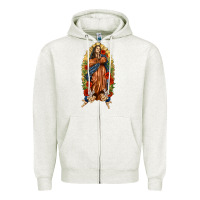 Oatmeal Heather Lady of Guadalupe with Roses Zipper Hoodie - texasbilliewilder