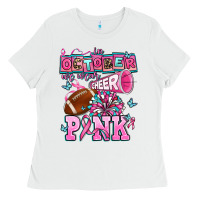 White in october we wear cheer pink football Ladies Tee - AdoDesignShop