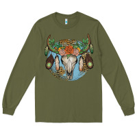 Army Green floral feather bull skull Long Sleeve Tee - JahusDesignShop