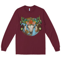 Burgundy floral feather bull skull Long Sleeve Tee - JahusDesignShop