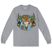 Heather Grey floral feather bull skull Long Sleeve Tee - JahusDesignShop