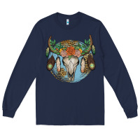 Navy floral feather bull skull Long Sleeve Tee - JahusDesignShop