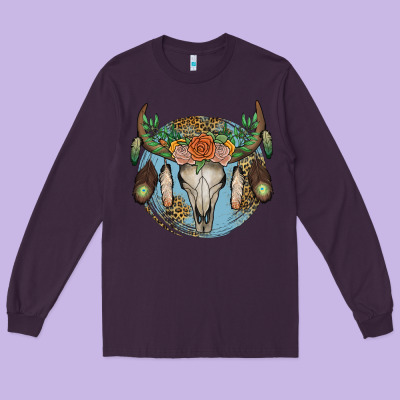 Floral Feather Bull Skull Long Sleeve Tee Designed By Jahusdesignshop