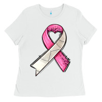 White breast cancer sport ribbons Ladies Tee - AdoDesignShop