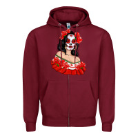 Burgundy Mexicana Skull Girl with Roses Zipper Hoodie - texasbilliewilder