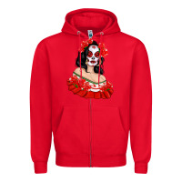Red Mexicana Skull Girl with Roses Zipper Hoodie - texasbilliewilder