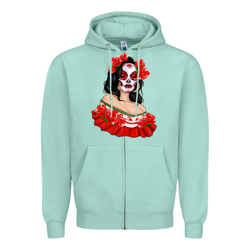 Mexicana Skull Girl With Roses Zipper Hoodie by texasbilliewilder | Teevron
