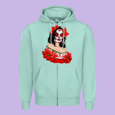 Mexicana Skull Girl With Roses Zipper Hoodie Designed By Texasbilliewilder