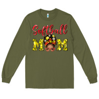 Army Green Softball Mom And Afro Messy Bun Mom Long Sleeve Tee - BundleAndBundleShop