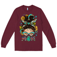 Burgundy Western Messy Bun Mom With Sunflower Long Sleeve Tee - BundleAndBundleShop
