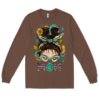 Chestnut Western Messy Bun Mom With Sunflower Long Sleeve Tee - BundleAndBundleShop