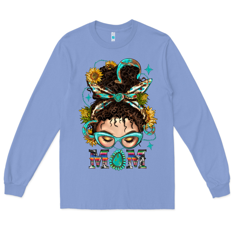 Western Messy Bun Mom With Sunflower Long Sleeve Tee by BundleAndBundleShop | Teevron