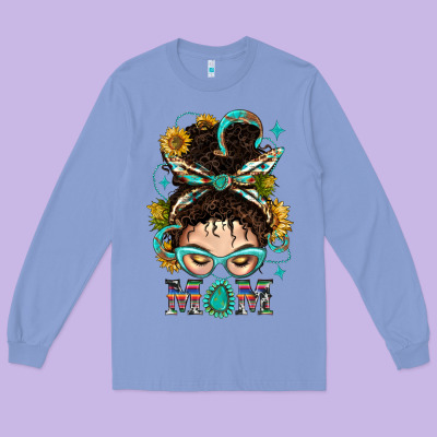 Western Messy Bun Mom With Sunflower Long Sleeve Tee Designed By Bundleandbundleshop