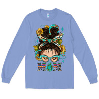 Colony Blue Western Messy Bun Mom With Sunflower Long Sleeve Tee - BundleAndBundleShop