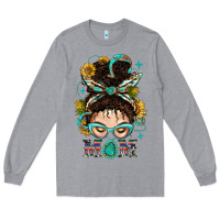 Heather Grey Western Messy Bun Mom With Sunflower Long Sleeve Tee - BundleAndBundleShop