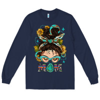 Navy Western Messy Bun Mom With Sunflower Long Sleeve Tee - BundleAndBundleShop