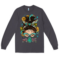 Smoke Western Messy Bun Mom With Sunflower Long Sleeve Tee - BundleAndBundleShop