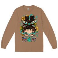 Toasted Coconut Western Messy Bun Mom With Sunflower Long Sleeve Tee - BundleAndBundleShop