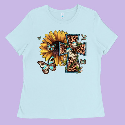 Leopard Cross Sunflower Butterfly Ladies Tee Designed By Jahusdesignshop